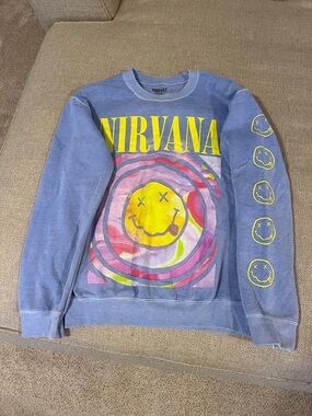 NIRVANA Washed Blue Crewneck with Yellow Smiley Graphic